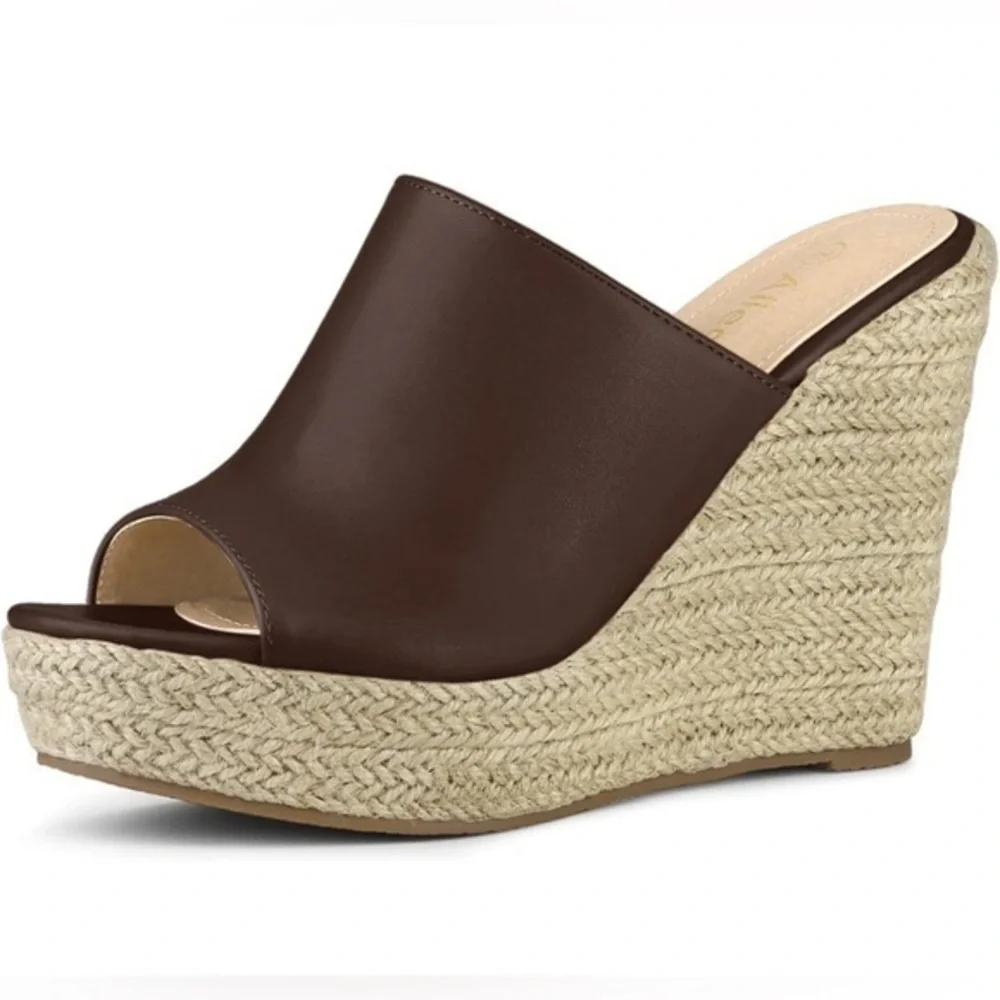 Allegra K Slip on Platform Sandals Espadrilles Wedges Slides Mules, Coffee 9